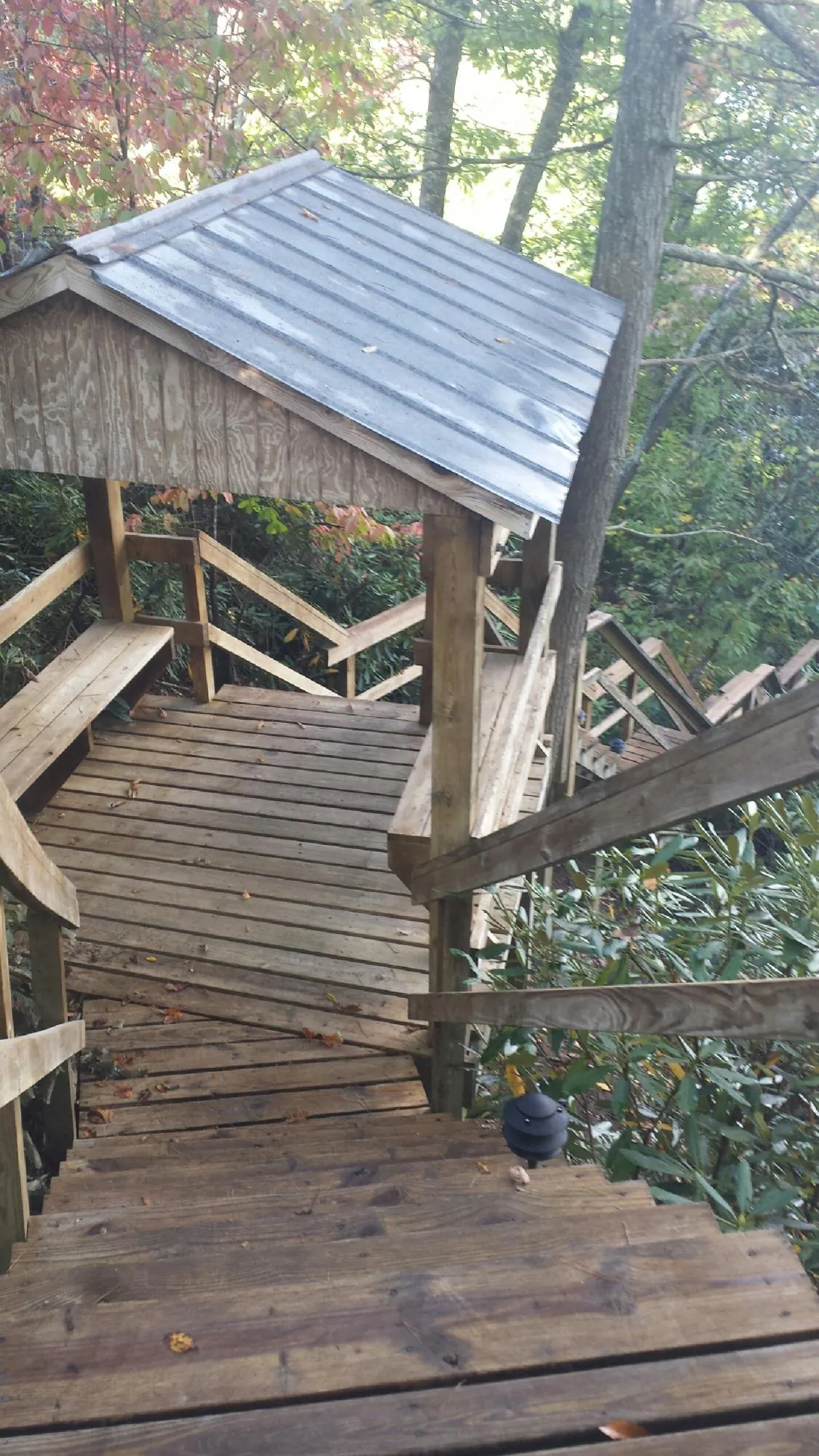 Metal roofed shelter over wooden steps on a wooded walkway — Skylight Repair & Installation work by our crew in Wheaton